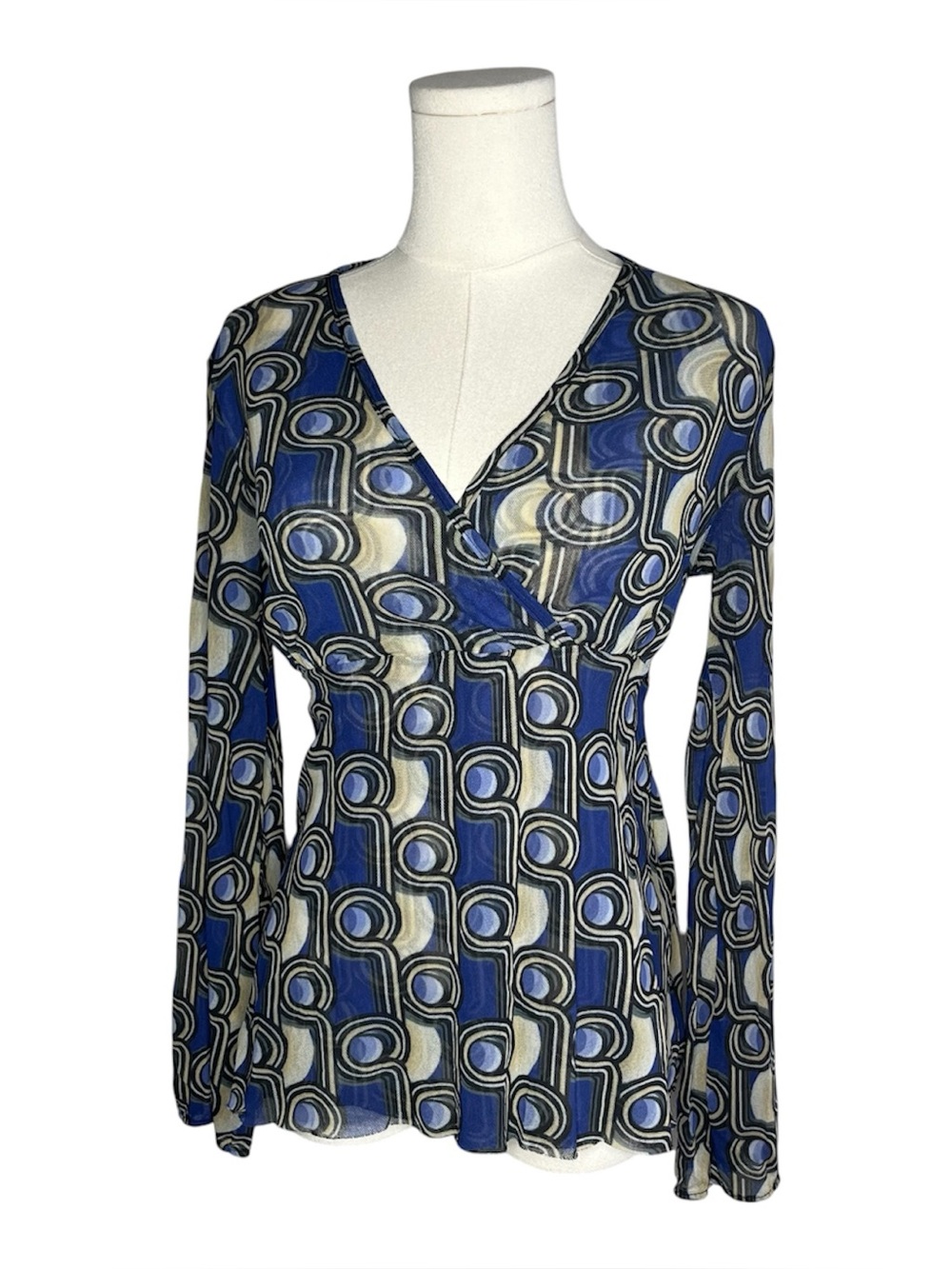 Y2K Vintage Sweet Pea Blue Geometric Micro Mesh Surplice Babydoll Going Out Top